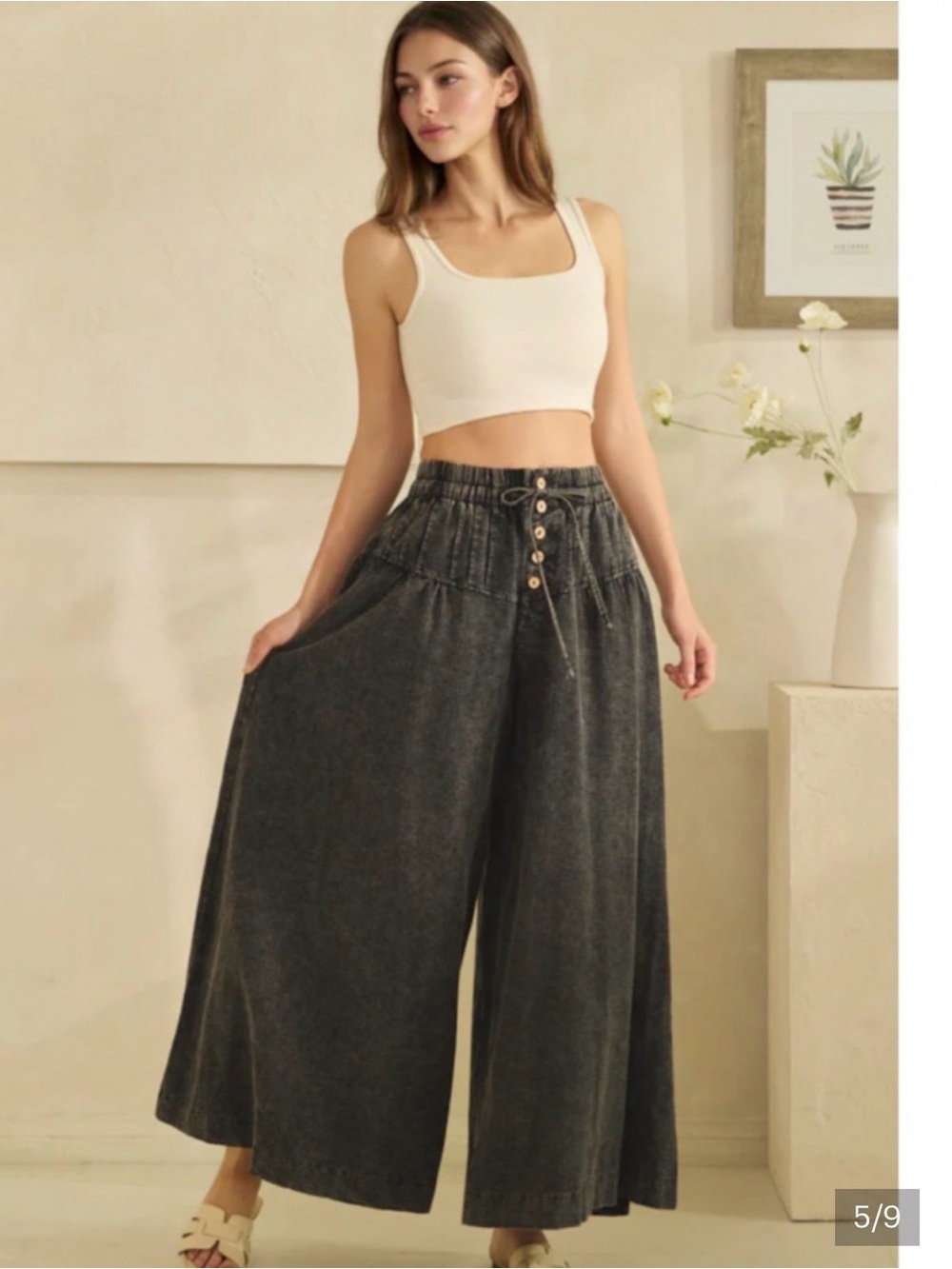 Women’s High-Waist Wide Leg Pants- Mineral Washed Black Color